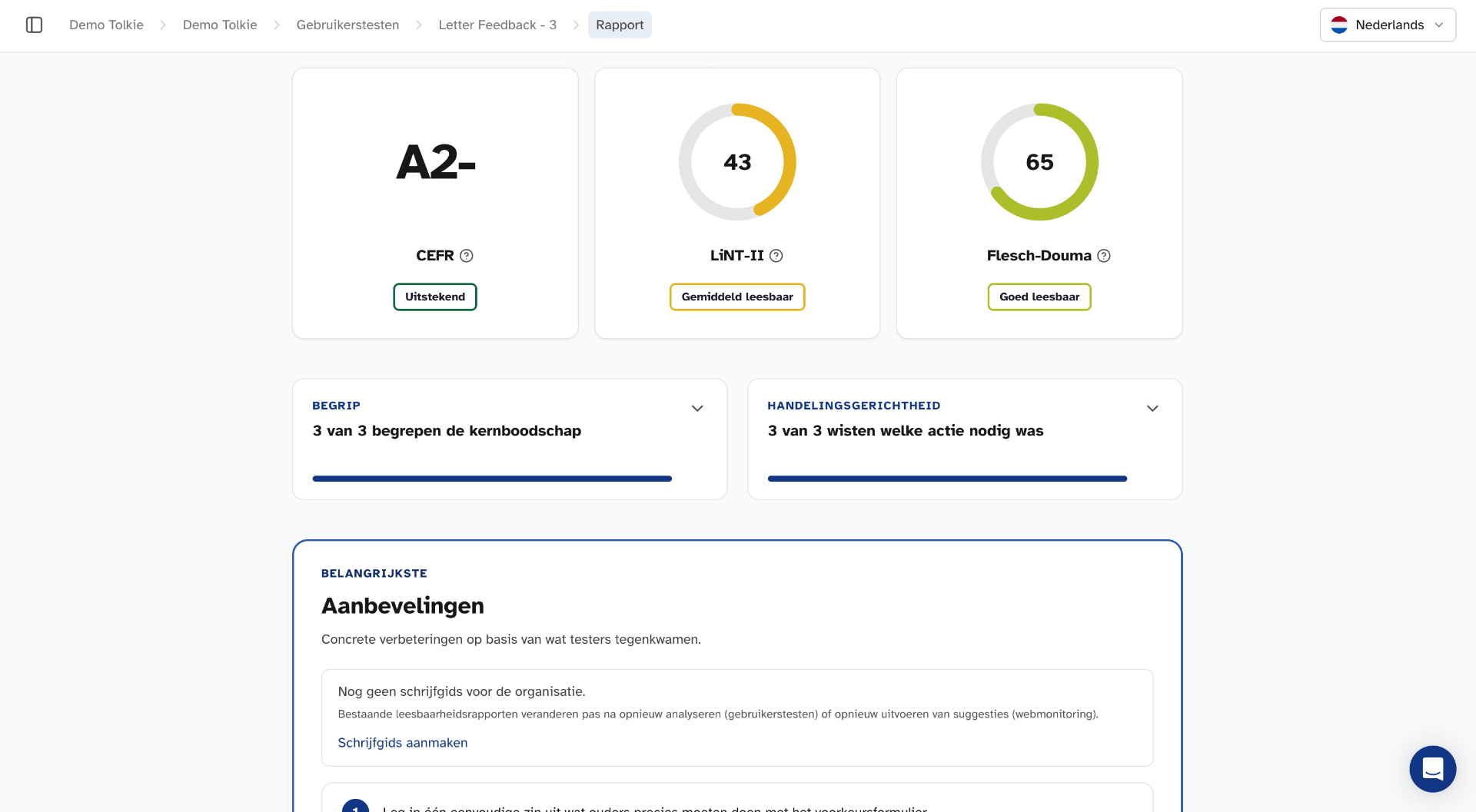 Voorbeeldrapport van een gebruikerstest met taalscores, begrip, handelingsgerichtheid en aanbevelingen