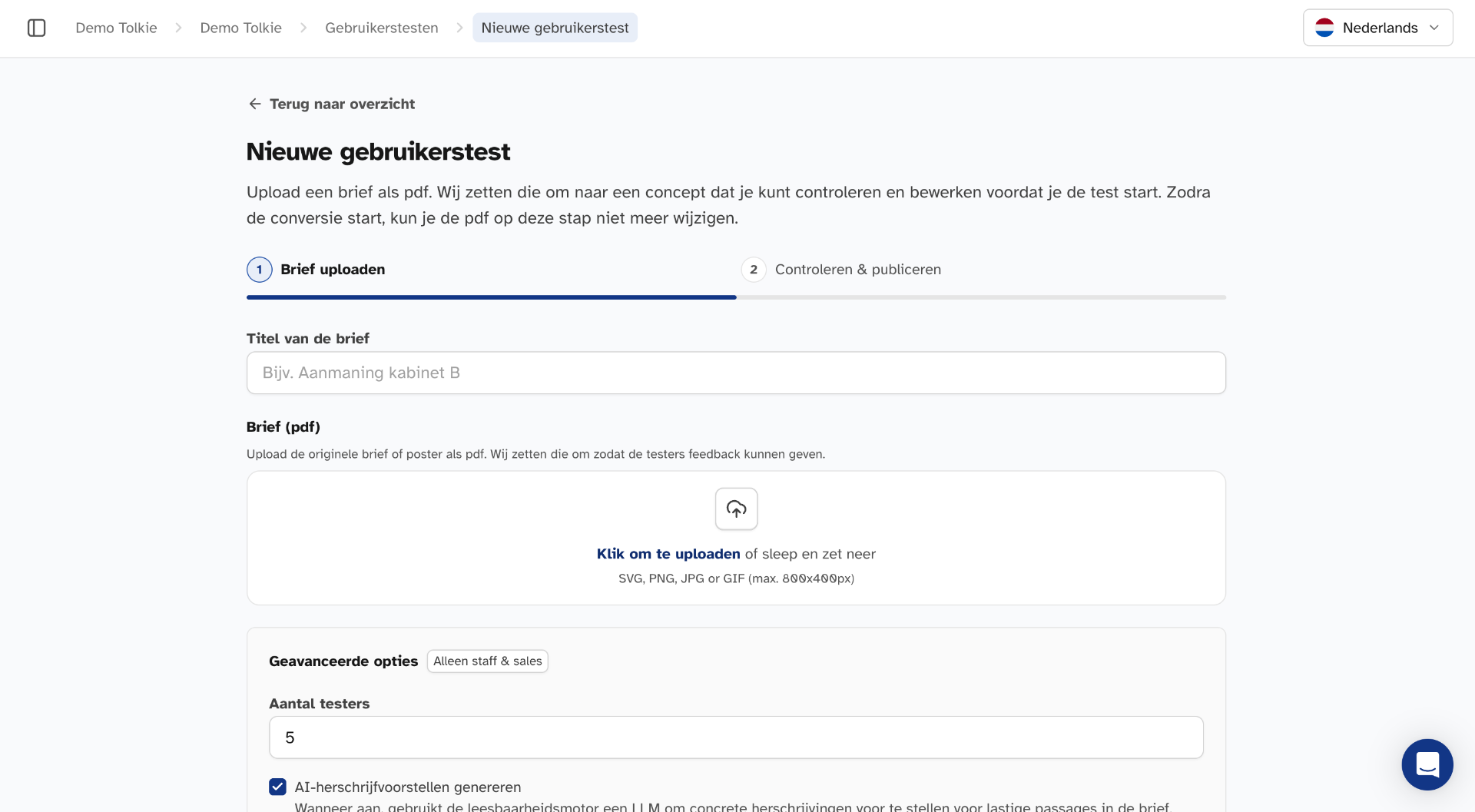 Scherm waarin je een brief, e-mail of pdf uploadt om te laten testen in Mijn Tolkie
