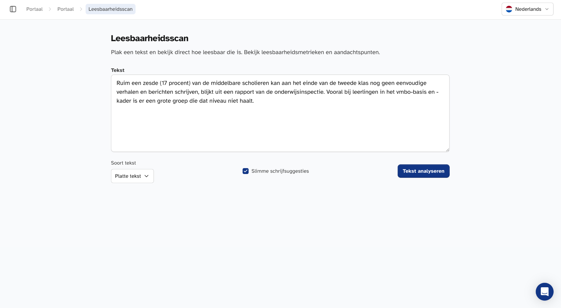 Schermafbeelding van de losse leesbaarheidsscan in Mijn Tolkie, waarin een tekst is geplakt en de knop 'Tekst analyseren' zichtbaar is.