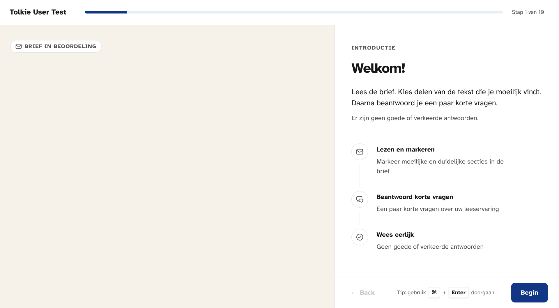 Welkomstscherm voor een panel-lid in Mijn Tolkie: lees de brief en markeer moeilijke of duidelijke secties