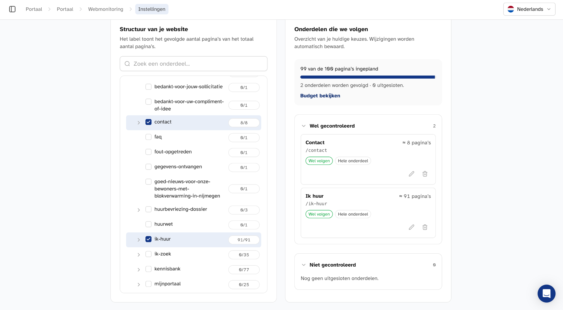 Instellingenscherm in Mijn Tolkie: kiezen welke pagina's en onderdelen van je website worden meegenomen in de maandelijkse monitoring.
