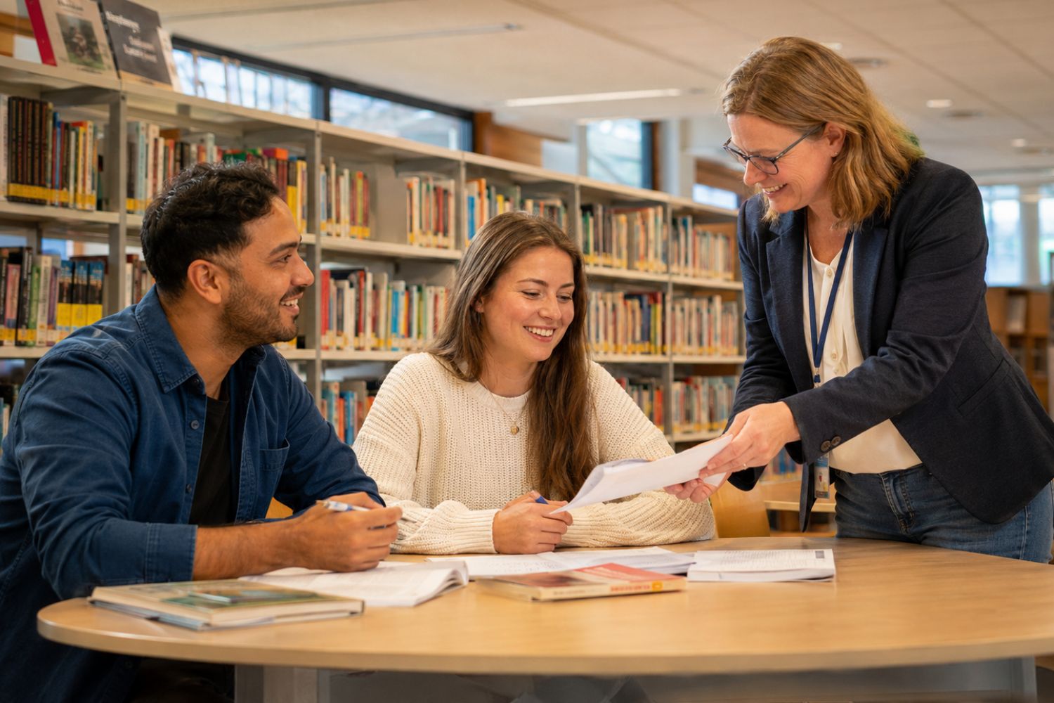 Bibliotheekmedewerker helpt twee bezoekers met een tekst aan een tafel in de bibliotheek