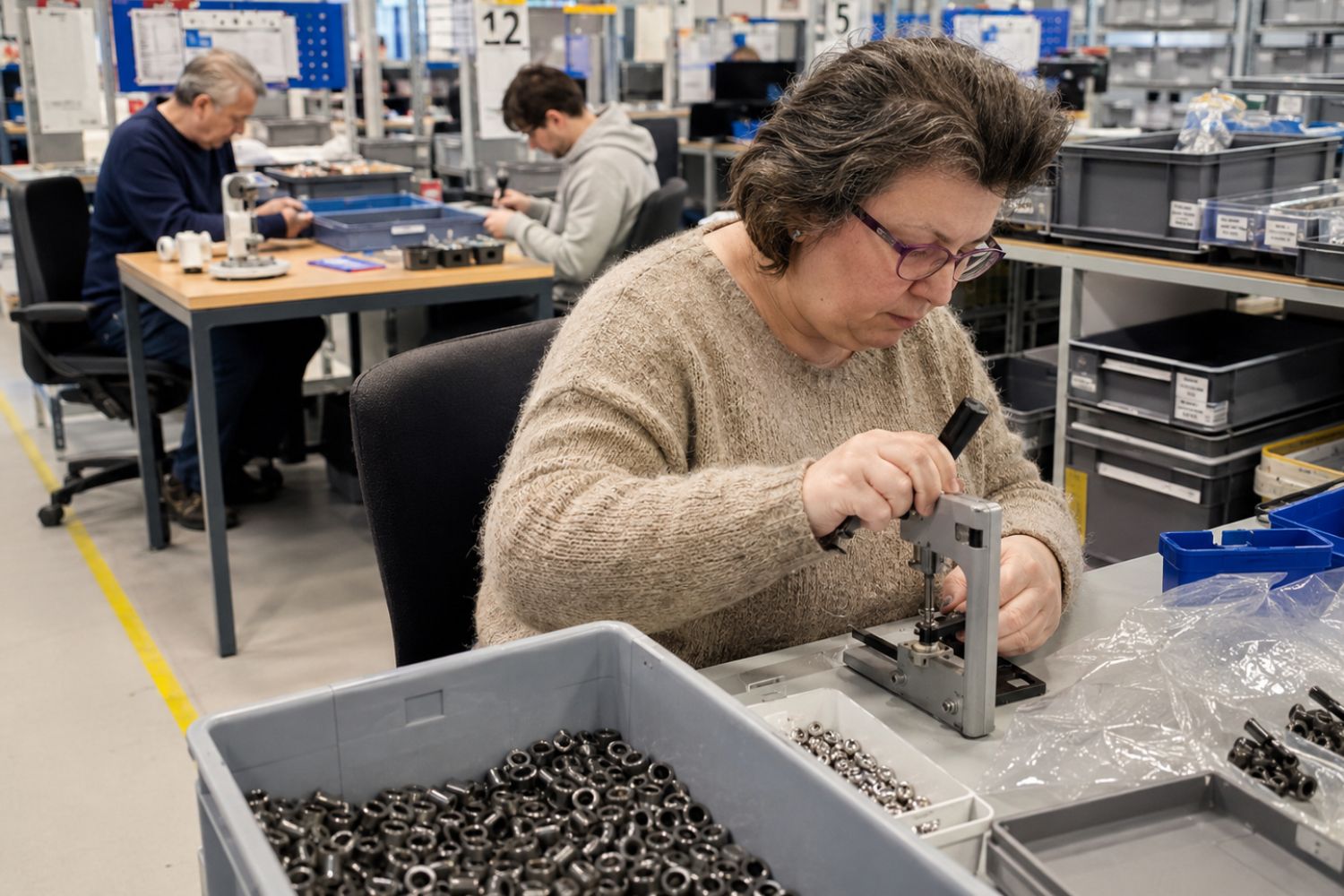 Medewerkers aan het werk in een maatwerkbedrijf, geconcentreerd bezig met assemblage