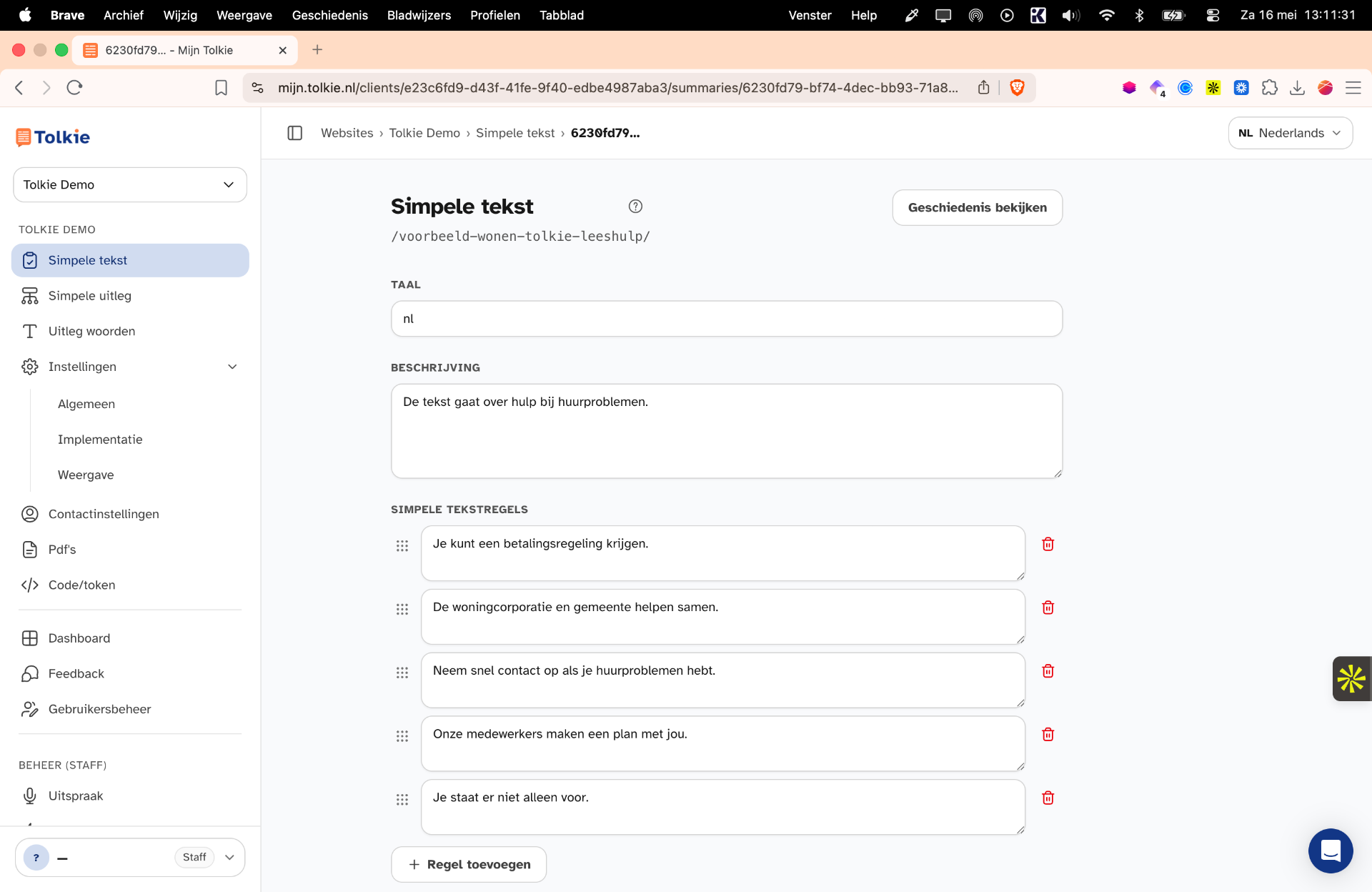 Screenshot van het Mijn Tolkie dashboard