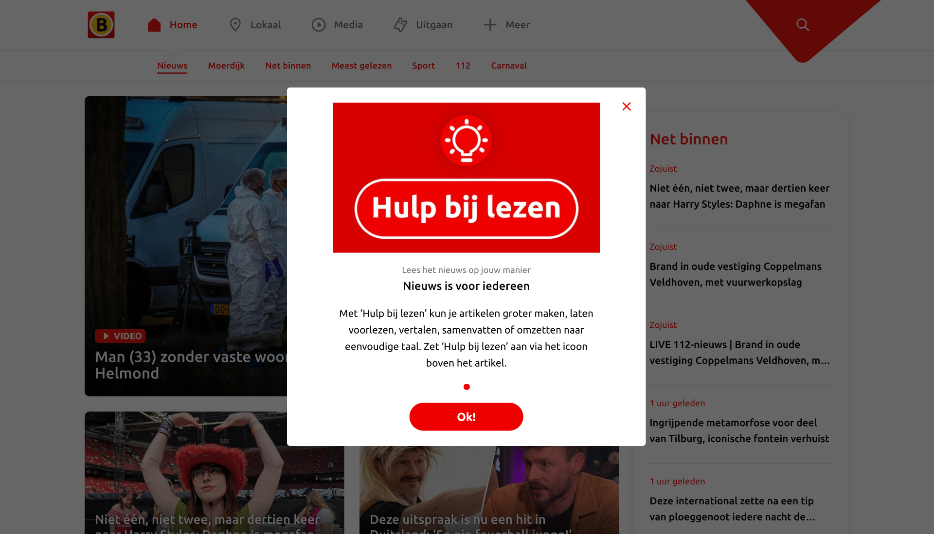 Screenshot van Omroep Brabant met de 'Hulp bij lezen'-knop, aangedreven door de Tolkie API