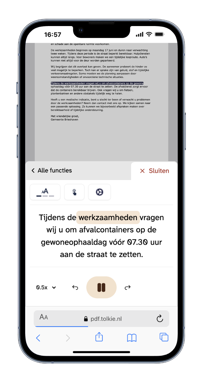 Voorbeeld van de Tolkie PDF-viewer met knoppen voor voorlezen, woorduitleg en simpele tekst