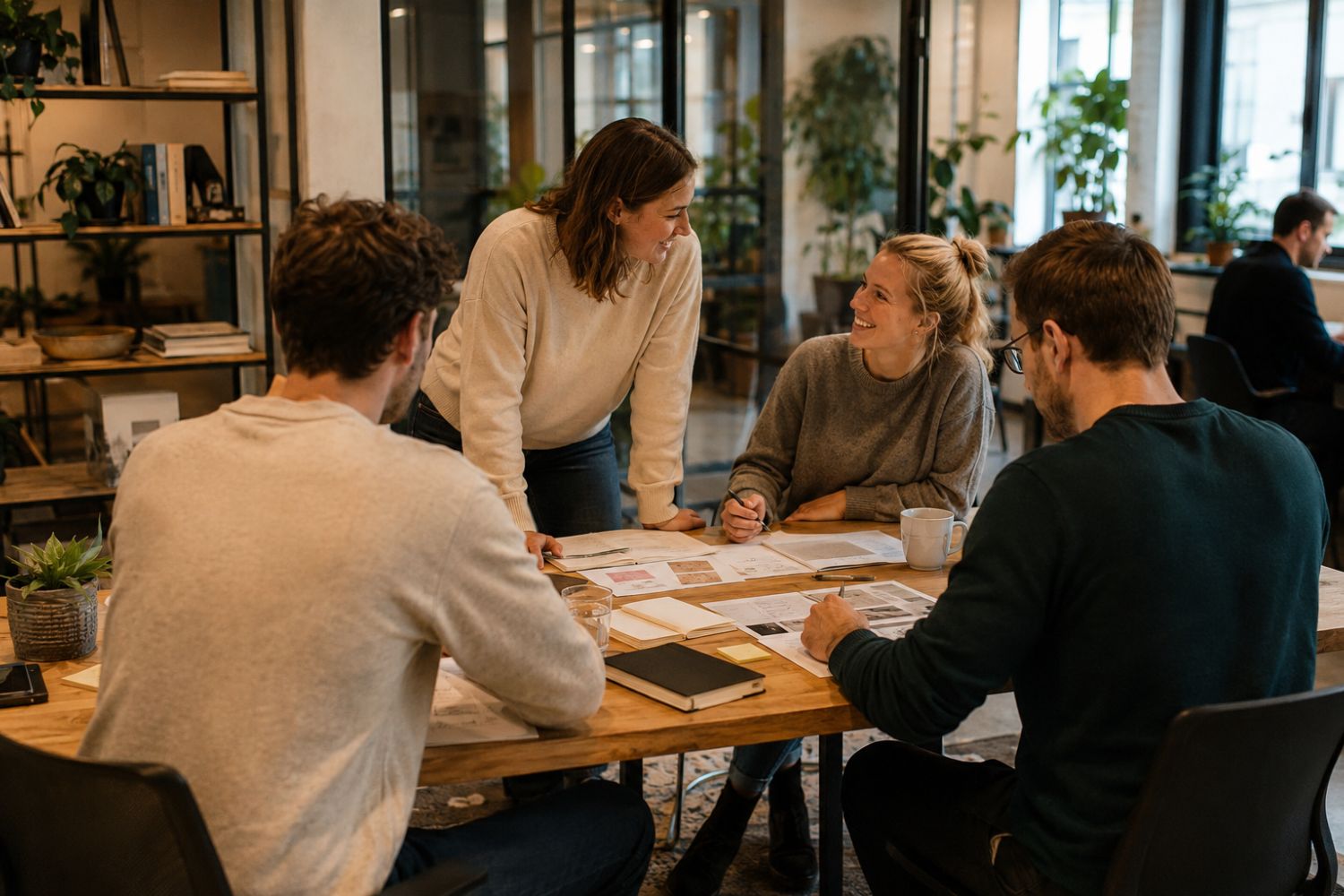 Agencyteam in overleg rond een tafel met schetsen en notities voor een klantproject