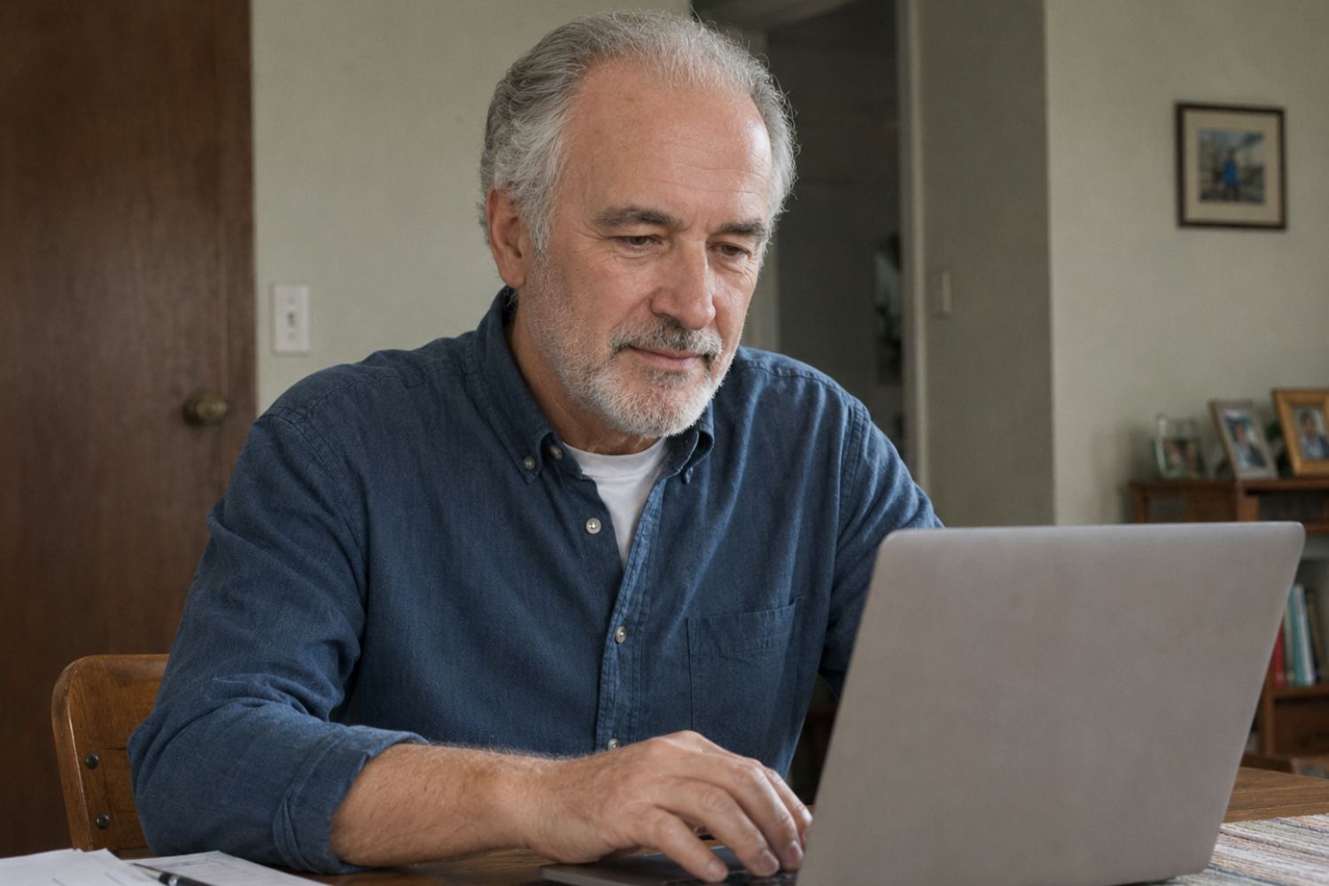 Oudere man typt op een laptop aan de eettafel